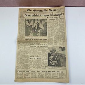 Vintage The Greenville News Newspaper June 8, 1968 Sirhan Indicted Kennedy